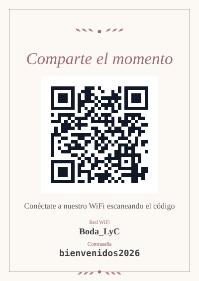 Plantilla de cartel WiFi con QR para bodas y eventos